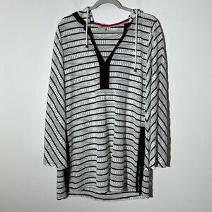 Beach Break White Black Striped Lightweight Hooded Mesh Swim Coverup Size S